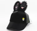 Detail of kids baseball cap with sequined rabbit ears and cartoon potato patch - Black