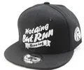 Close-up of high-quality white 3D embroidery on a black cotton twill snapback cap - Black