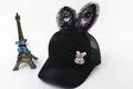 Detail of cute black kids baseball cap with bunny ears, lace, and breathable mesh - Summer Mesh Style (Black)