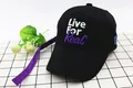Detail of black baseball cap with purple ribbon and Live For Real 3D embroidery - Kids (48-53cm) / Black