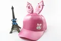 Detail of pink satin girl baseball cap with sequin bunny ears and crown rabbit charm - All-Season Fabric Style (Watermelon Red)