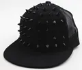 Detail of black baseball cap featuring punk style metal spikes and breathable mesh - Adult / All Black Rivets