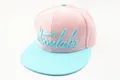 Detail of Moonlake embroidery on pink and blue flat brim snapback baseball cap - Moonlake 3D Embroidery (T1006) / Pink/Light Blue Color Block