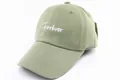 Detail of sage green baseball cap featuring white Forever embroidery and cotton twill texture - Kids Size / Khaki