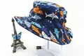Detailed view of kids cartoon shark print sun hat with adjustable chin strap - 48CM Circumference (2-4 Years) / Dark Blue Shark Style (Fig 2)
