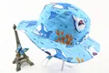 Detailed pattern of cartoon sharks and marine life on a blue wide-brim sun hat for kids - Sky Blue Sea Creatures Style (Fig 9)