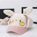 Cute pink and beige plush bunny ear winter baseball cap with warm earflaps for kids - Children (2-8 Years Old) / Pink Rabbit