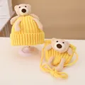 Detail of yellow knit hat and bag set with cute plush teddy bear for children - Hat and Bag Set / Yellow