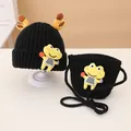 Kids black knit beanie and bag set with yellow antlers and cute cartoon frog character - 2-7 Years / Black Set