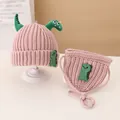 Pink knit hat and matching crossbody bag set with green 3D dinosaur accents for kids - Knitted Hat And Crossbody Bag Set / Pink