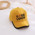 Detail of yellow plush baseball cap for kids with GOOD LUCK letter embroidery and smiley - Kids / Yellow