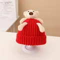 Kids red knit beanie with cute plush bear patch and cozy thick warm wool texture - Hat / Red