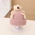 Pink knit baby hat with 3D cream plush bear doll and thick rolled edge style - Hat / Pink