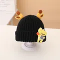 Berretto in maglia nera per bambini con corna gialle e pupazzo, caldo set invernale - 2-7 Anni / Berretto nero