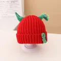 Kids red knit hat with green 3D dinosaur decor and cute embroidery patch - Beanie / Red