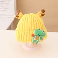 Berretto in maglia giallo per bambini con toppa rana e corna 3D decorative - 2-7 Anni / Cappello Giallo