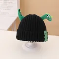 Kids black knit beanie with cute green plush dinosaur features and a matching bag - Beanie / Black