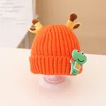 Orange knitted kids beanie featuring 3D giraffe horns and a cute green frog patch - 2-7 Years / Orange Hat