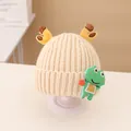 Beige kids knitted beanie hat set with yellow deer horns and cute green frog doll detail - 2-7 Years / Beige Hat