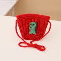 Kids handmade red knit crossbody bag with a cute green dinosaur charm for winter - Knitted Crossbody Bag / Red