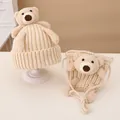 Cream knit beanie and matching crossbody bag set with cute 3D plush teddy bears - Hat and Bag Set / Beige