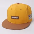Detail of kids baseball cap with yellow fabric, brown brim, and silicone letter patch - Kids (3-8 Years) / Yellow