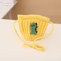 Kids knitted shoulder bag in bright yellow with a cute green dinosaur patch - Knitted Crossbody Bag / Yellow