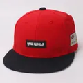 Kids flat brim baseball hat with red and black color contrast and KUKUJI letter patches - Kids (3-8 Years) / Red