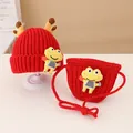 Kids red knit hat and bag set featuring yellow deer antlers and cartoon frog patch - 2-7 Years / Red Set
