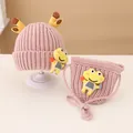 Pink knit kids' hat and bag set with cute cartoon elk horns and yellow doll detail - 2-7 Years / Pink Set