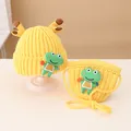 Yellow kids knitted hat and matching bag set with cute cartoon frog and deer antlers - 2-7 Years / Yellow Set
