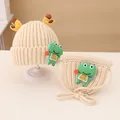 Beige knit children's hat and bag set with cute cartoon deer antlers and frog patches - 2-7 Years / Beige Set