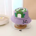 Detail view of purple kids frog bucket hat with Beach FROGGy print and windproof strap - Kids / Purple