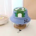Detail of light blue cotton kids bucket hat featuring a green cartoon frog and Beach Froggy print - Kids / Blue