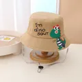 Khaki cotton bucket hat for kids with cartoon dinosaur print and adjustable chin strap - One Size (46-54cm) / Khaki