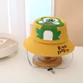 Detail of yellow cotton kids bucket hat with green frog print and adjustable drawstring - Kids / Yellow