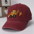 Kids vintage burgundy cotton baseball cap with embroidered yellow excavator pattern - Kids / Excavator Wine Red