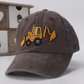 Dark brown cotton kids baseball cap featuring yellow excavator embroidery detail - Kids / Excavator Dark Gray