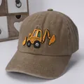 Coffee brown kids baseball cap featuring a yellow excavator embroidery on the front - Kids / Excavator Khaki