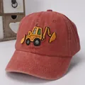 Kids vintage brick red washed cotton baseball cap with embroidered yellow excavator - Kids / Excavator Orange