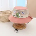 Pink kids sun hat with mesh vents and green dinosaur embroidery and windproof strap - Kids / Pink