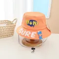 Detail view of orange cotton sun hat for kids with WOW print and dinosaur graphics - Baby (3-8 Years) / Orange