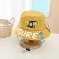 Detail of yellow kids bucket hat with SURE and WOW text and small blue dinosaur print - Baby (3-8 Years) / Yellow