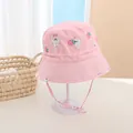 Pink cotton baby bucket hat with cute cartoon rabbit and strawberry prints with chin strap - 1-5 Years / Pink