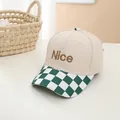 Kids baseball cap in beige with Nice embroidery and green checkered visor detail - Beige