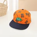 Kids orange baseball cap with blue flat brim and bear pattern featuring Nice Day label - Orange