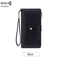 RFID blocking black long purse in litchi grain PU leather with wristlet and snap button - Black