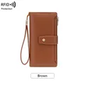 Brown litchi texture long wallet with RFID protection and a convenient wrist strap - Brown