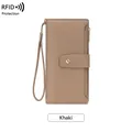 Khaki pebbled PU leather long wallet for women with RFID protection and wrist strap - Khaki