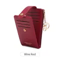 Slim wine red PU leather multi-slot card holder with zipper pocket and key ring chain - Burgundy